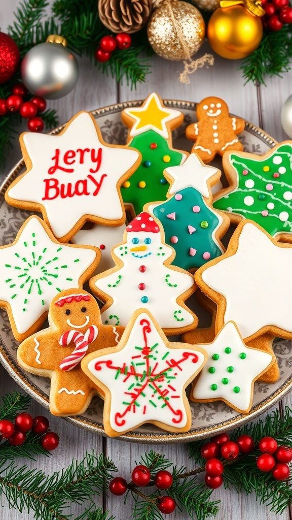 A plate of decorated Christmas cookies in various shapes, surrounded by festive holiday decorations.